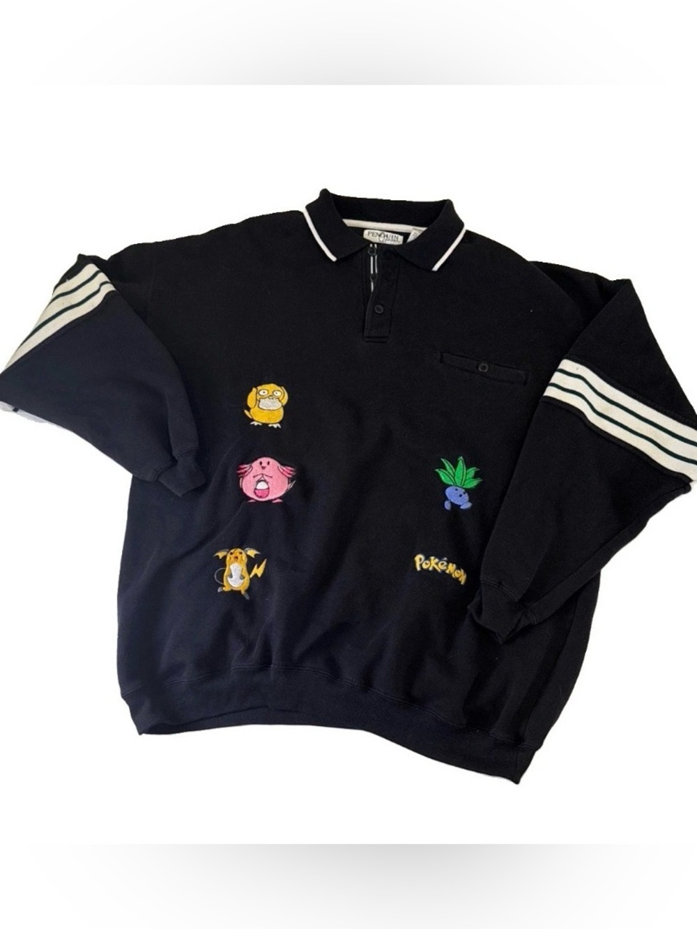Pokemon Penguin Sport Collared 3-Button Striped Sleeve Sweatshirt Unisex XL